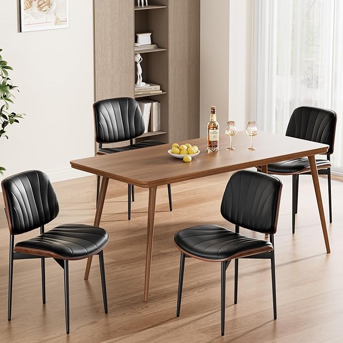 Dining Chairs Set of 2, Mid-Century Modern Upholstered PU Leather Chairs with Walnut Bentwood Back and Metal Legs Adjustable Feet for Kitchen, Black Shell Strips