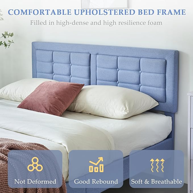 VECELO Queen Size Bed Frame with Adjustable Headboard, Upholstered Button Tufted Platform Bedframe with Wood Slats Support, No Box Spring Needed, Light Blue