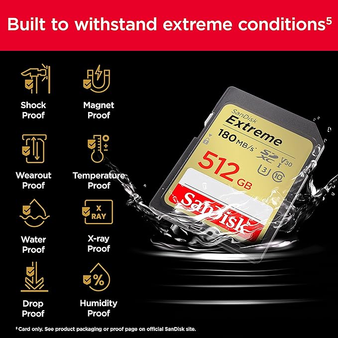SanDisk 512GB Extreme SDXC UHS-I Memory Card - C10, U3, V30, 4K, UHD, SD Card - SDSDXVV-512G-GNCIN