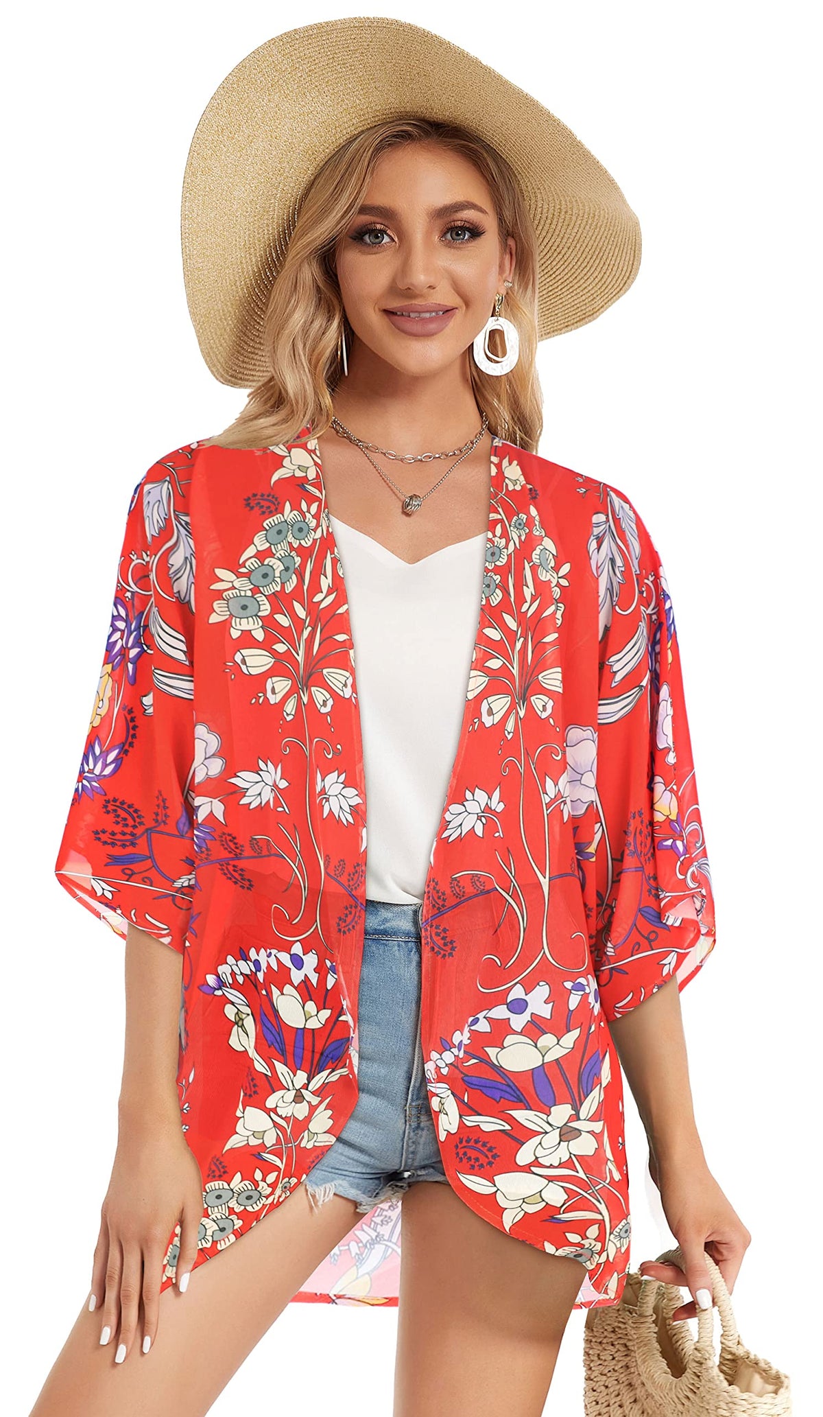 Summer Kimono Cardigan for Women Sheer Boho Tops Casual Open Front Swimwear Shirts Beach Cover ups (Boho Red,5XL)