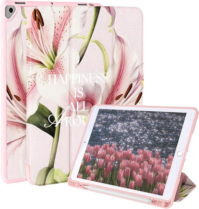 Case for iPad 9th/ 8th/ 7th Generation Case 10.2&amp10.5 Inch (2021/2020/2019 Release) Slim Lightweight Soft Trifold Back Cover with Pencil Holder &amp Auto Sleep/Wake Cover Cherries Cheetah Bows