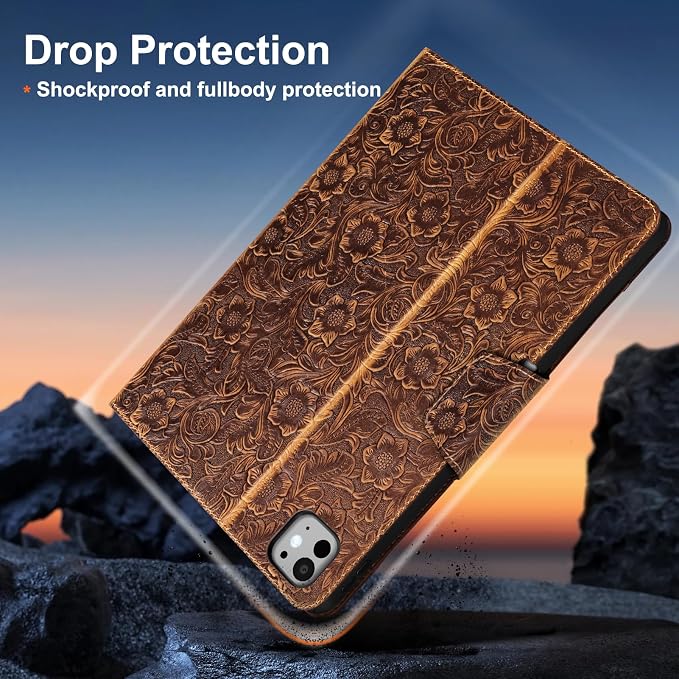 Gexmil Leather Case for iPad Pro 11 Inch M5/M4 2025/2024Crocodile Brown | Genuine Leather CoverPencil HolderMagnetic ClosureSmart Folio Auto Sleep/WakeProtectiveAdjustable Stand