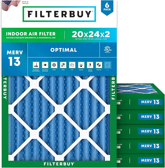 Filterbuy 20x24x2 Air Filter MERV 13 Optimal Smoke & Allergy Defense,