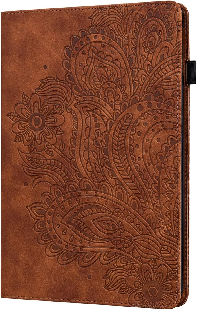 for Kindle Fire HD 8 Tablet (only Fits 10th Generation) &amp Fire HD 8 Plus 8 Case 2020 with Stand/Pencil Holder/Card Pocket/Elastic Band Embossed PU Leather Floral Cover Brown Peacock Flower