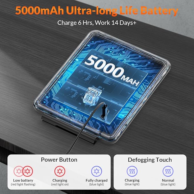 EASEHOLD Shower Mirror Fogless for Shaving, Heated LED Mirror with 3 Color Lights, Adjustable Anti Fog Razor Holder and Storage Tray, 5000mAh Rechargeable Light Up Mirror Bathroom for Men