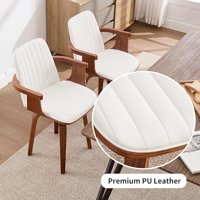 Swivel Dining Chairs Set of 2 - Mid Century Modern Kitchen Chairs for Dining Room, Upholstered PU Leather Chairs with Walnut Arms and Legs, White
