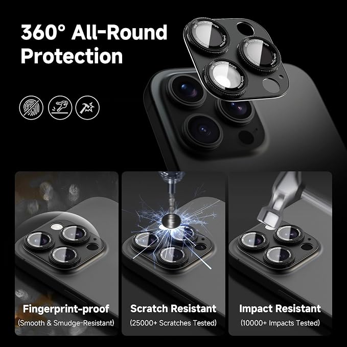 CACOE Metal Camera Lens Protector for iPhone 16Pro/16ProMax/14Pro/14ProMax | 9H Tempered Glass Aluminum Frame HD Clarity Scratch-Resistant Camera Screen Protector Cover Accessories Black