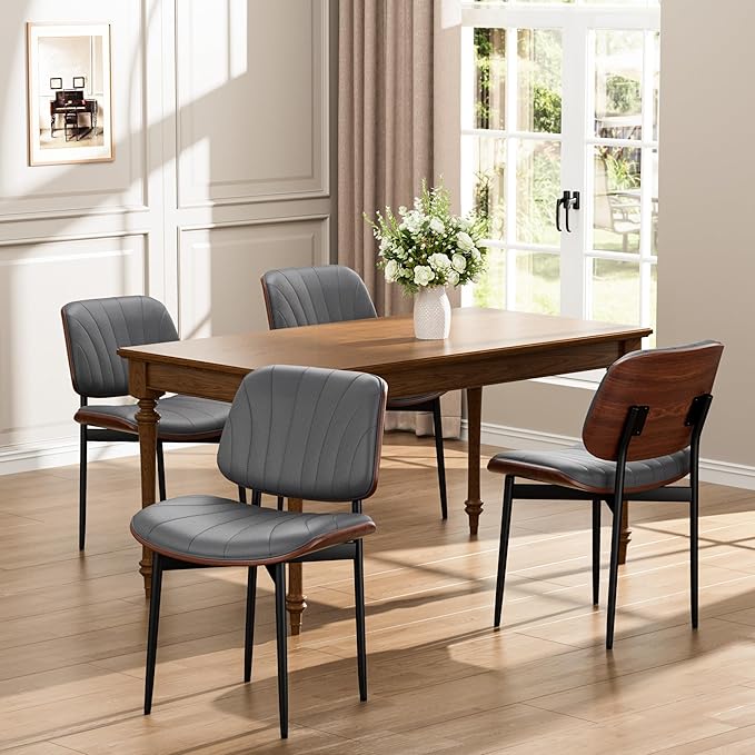 Dining Chairs Set of 4, Dining Room and Kitchen Chairs, Mid Century Modern Accent Chair, Upholstered PU Leather Chairs for Vanity with Walnut Bentwood and Metal Legs, Gray