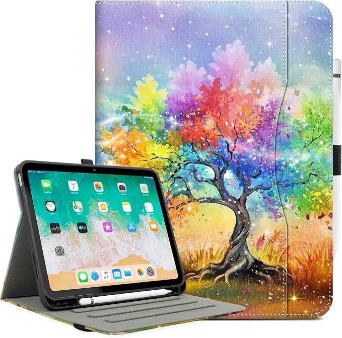 Lokigo Case for iPad (A16) 11th/10th Generation Aurora Forest | for iPad 11th-11 Inch/10th-10.9 Inch Stand Cover Pencil Holder/Hand Strap/Pocket Support Touch ID Auto Wake/Sleep