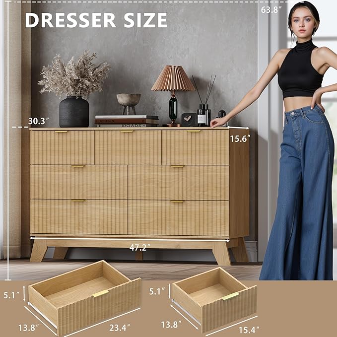 Fluted 7 Drawer Dresser, 47.2" Wide Modern Boho Chest of Drawers, Wooden Storage Dresser TV Stand for Bedroom, Living Room, Closet, Hallway, Curved Profile Design