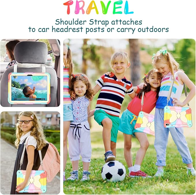 Ambison Kids Case for iPad A16 11th/10th Generation 11''/10.9'' Multicolor | 9H Tempered Glass Screen Protector Butterfly Stand Shoulder Strap Heavy DutyShockproof Pencil Holder