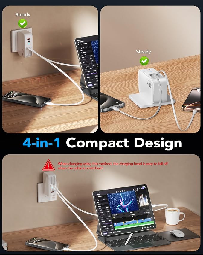 4-in-1 Retractable USB C Wall Charger40W Fast Charging for Multi-Device | Retractable ChargerFoldable PlugExtra USBC &amp A PortsDual 35.5in CablesMultiple Devices Charger for iPhone/Galaxy/Pixe