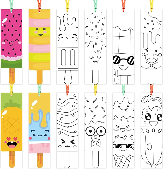 75Pcs Ice Cream Color Your Own Bookmarks for Kids Summer Ice Cream Theme DIY Coloring Blank Bookmark Classroom Art Craft Supplies for Teachers Students Birthday Gift Party Reward Goodie Fillers