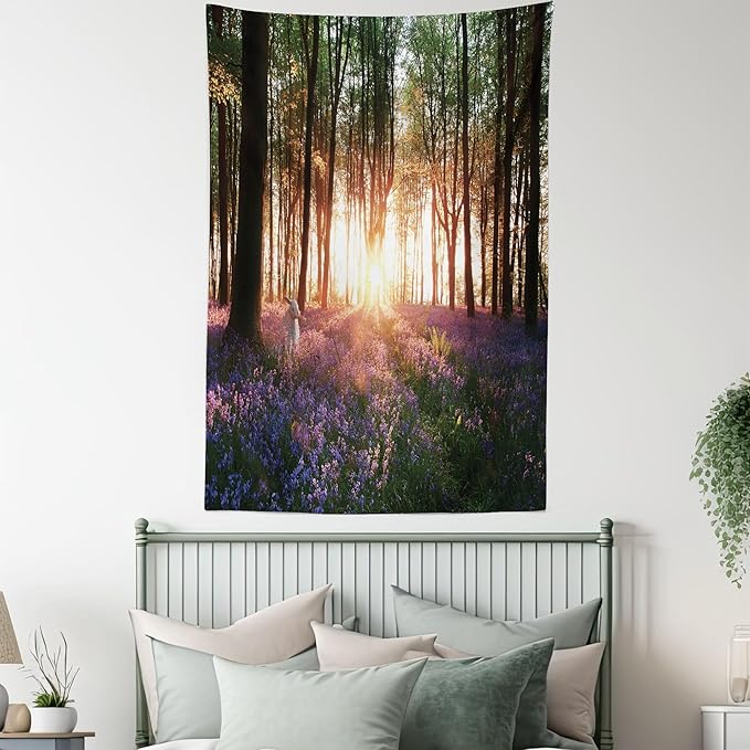 Ambesonne Forest Tapestry, Bluebell Woods Sunrise with White Rabbit Sunny Spring Day in Woodland, Fabric Wall Hanging Decor for Bedroom Living Room Dorm, 23" X 28", Purple Green