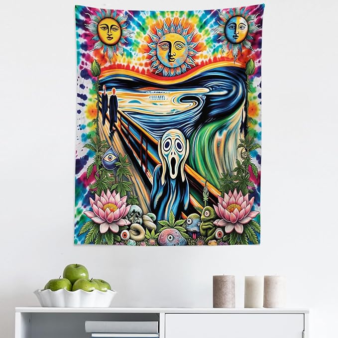 Ambesonne Trippy Tapestry, Tie Dye Effect Esoteric Sun Moon Psychedelic the Scream Interpretation with Flowers, Fabric Wall Hanging Decor for Bedroom Living Room Dorm, 23" x 28", Multicolor