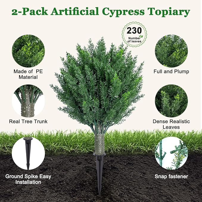 2-Pack Artificial Cypress Topiary Trees:Stake-in UV Resistant & Fade-Proof Topiary with PE Needles for Porch, Garden, Front Yard - Realistic Chartreuse, 20"