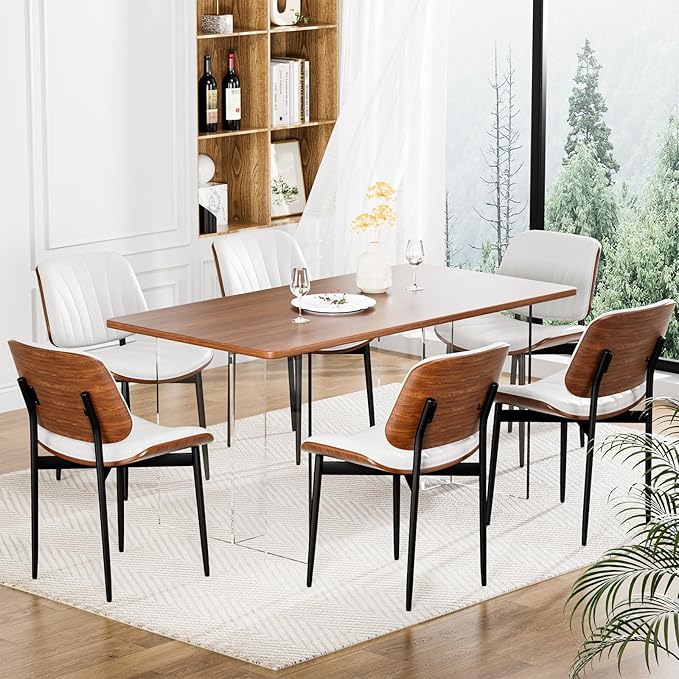 Dining Chairs Set of 4, Dining Room and Kitchen Chairs, FSC Certified Mid Century Modern Accent Chair, Upholstered PU Leather Chairs for Vanity with Walnut Bentwood and Metal Legs, White