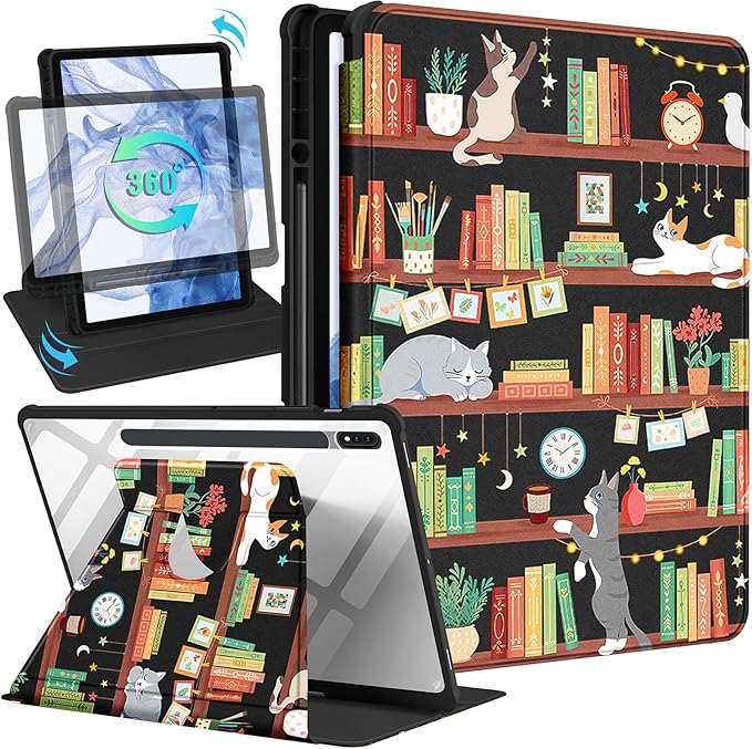 Wazzasoft for Samsung Galaxy Tab S7/S7 Plus/S8 Plus Case - 12.4 Inch Folio Cover with Pencil Holder - Women/Girl Cute Girly Black Flower Unique Design - Rotating Tablet Case