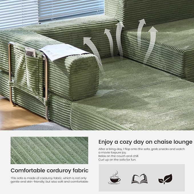 Folding Sofa Bed Convertable Corduroy Couch King Size Floor Sleeper 4-in-1 DIY Combination Modular Sofa Fold Out Futon Lounge Comfy Foldable Lazy cama for Living Room (Green)