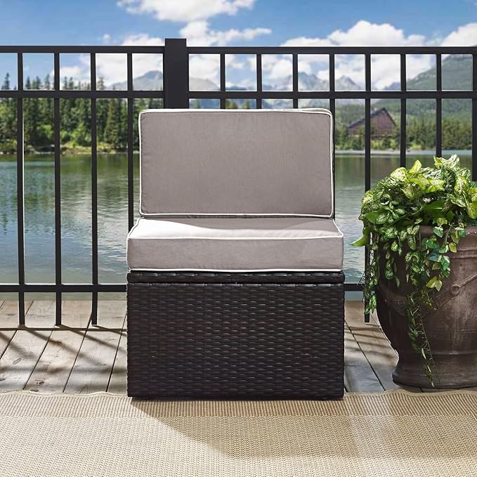 Crosley Furniture Palm Harbor Armless Outdoor Sectional Chair, Wicker Patio Chairs for Porch, Deck, Backyard, Brown with Gray Cushions