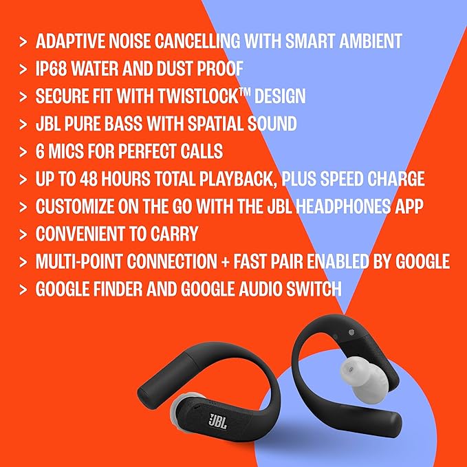 JBL Endurance Peak 4 - True Wireless Noise Cancelling Sport Earbuds Up to 48Hrs Total Playback Water &amp dust Proof (IP68) Secure fit with TwistLock™ Design &amp 6 mics for Perfect Calls (Black