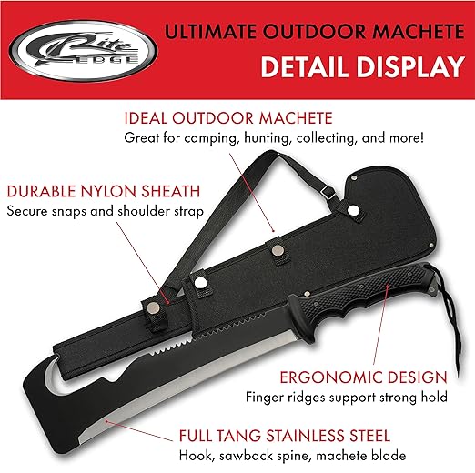 SZCO Supplies 19.5” Hook And Sawback Ultimate Outdoor Survival Machete With Nylon Sheath, Black, 211561