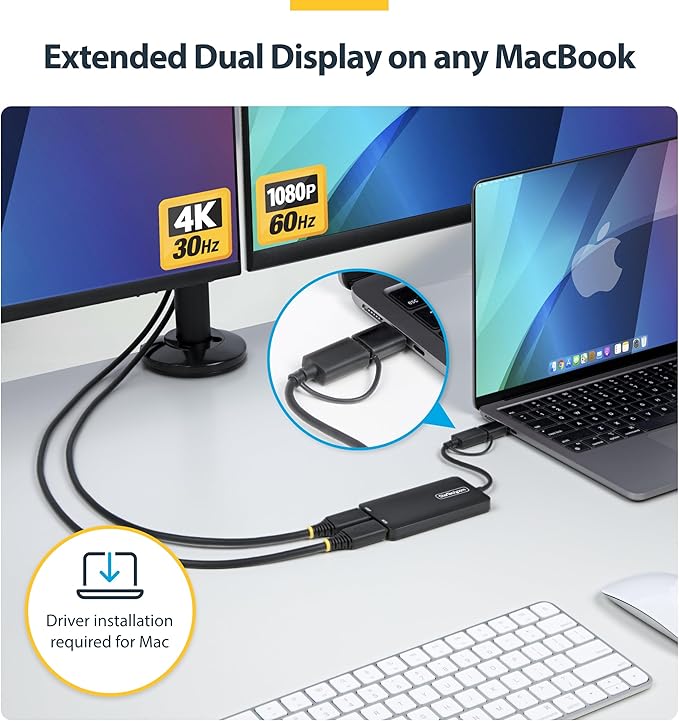 StarTech.com Dual Monitor Adapter for M1/M2/M3/M4 macOS Systems, Windows, ChromeOS. Thunderbolt, USB 3.0 or USB-C HDMI Splitter Extended Display, 4K30 Output 1 & 1080p Output 2, (107B-USB-HDMI-2)