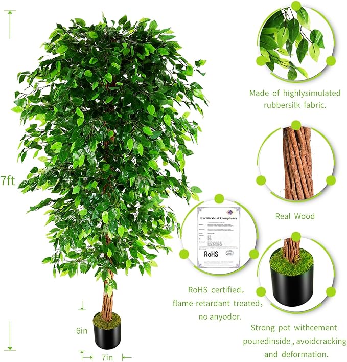 7ft Artificial Ficus Silk Tree (82in) with Plastic Nursery Pot Faux Tree, Fake Plant for Office House Farmhouse Living Room Home Decor (Indoor/Outdoor)