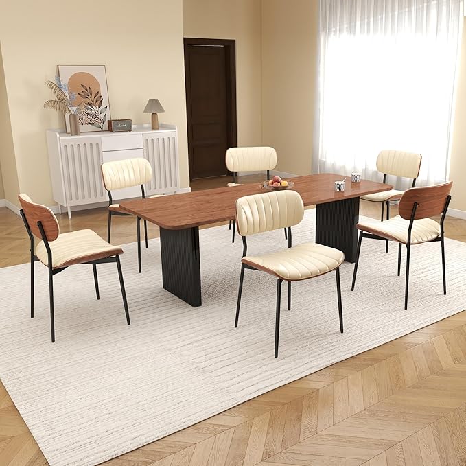 Mid Century Modern Dining Chairs Set of 6,Upholstered Faux Leather Kitchen Chairs with Walnut Bentwood Back and Metal Legs for Kitchen Dining Room Living Room, Beige