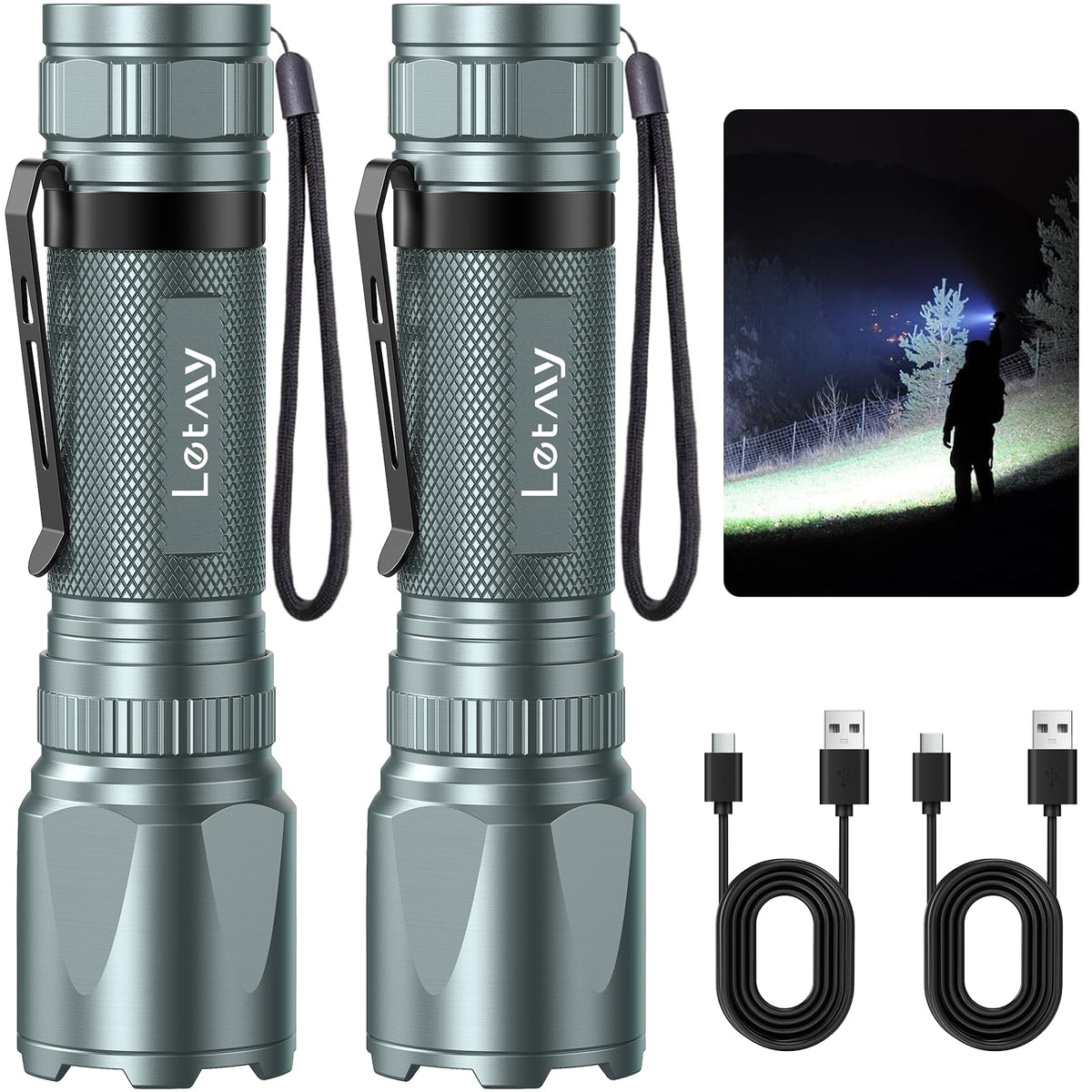 LETMY Rechargeable Flashlights High Lumens, 2 Pack 2000 Lumens Bright LED Tactical Flashlight, 3 Modes Samll Powerful Flash Lights with Clip, Waterproof Flashlights for Home Emergency Camping (Grey)