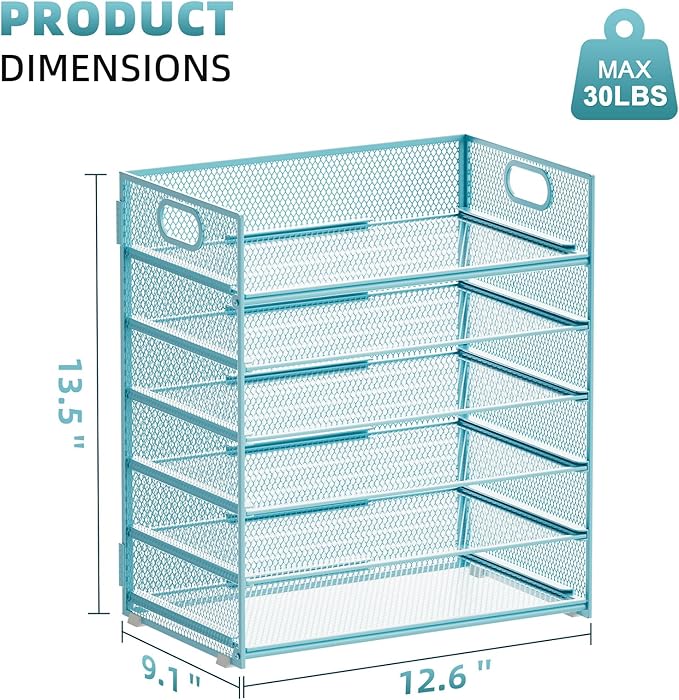 Marbrasse 6 Tier Paper Organizer Letter Tray - Mesh Desk File Organizer with Handle, Paper Sorter for Letter/A4 Office File Folder Holder -Blue