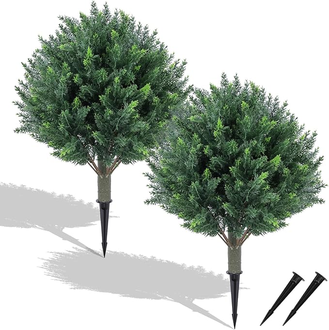 2-Pack Artificial Cypress Topiary Busges :Stake-in UV Resistant & Fade-Proof Topiary with PE Needles for Porch, Garden, Front Yard - Realistic Chartreuse, 25"