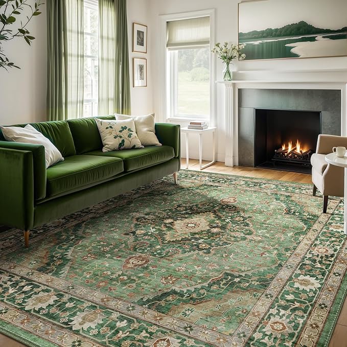 10x14 Rugs for Living Room Bedroom, Washable Green Area Rugs Non Slip Large Rug for Dining Room Office, Floor Decoration Vintage Boho Big Rug Carpet Low-Pile Kid & Pet Friendly