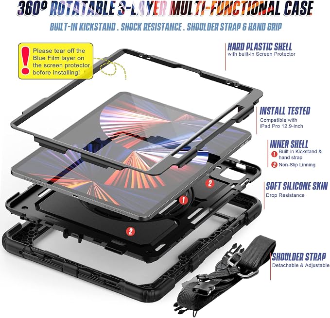 iPad Pro 11 Inch Case 2024 with Screen Protector Pen Holder | iPad Pro 11 5th Generation Case | Three Layer Shockproof Defender Protective Cover W/Stand Hand Strap for iPad A2836/A2837 | Black