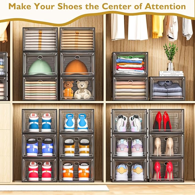 12 Pack Clear Shoe Storage Organizer with Magnetic Door, Stackable Plastic Shoe Boxes for Sneakers, Boots, and Heels, Space-Saving Foldable Shoe Rack for Closet, Durable Shoe Cabinet Organizer, Black