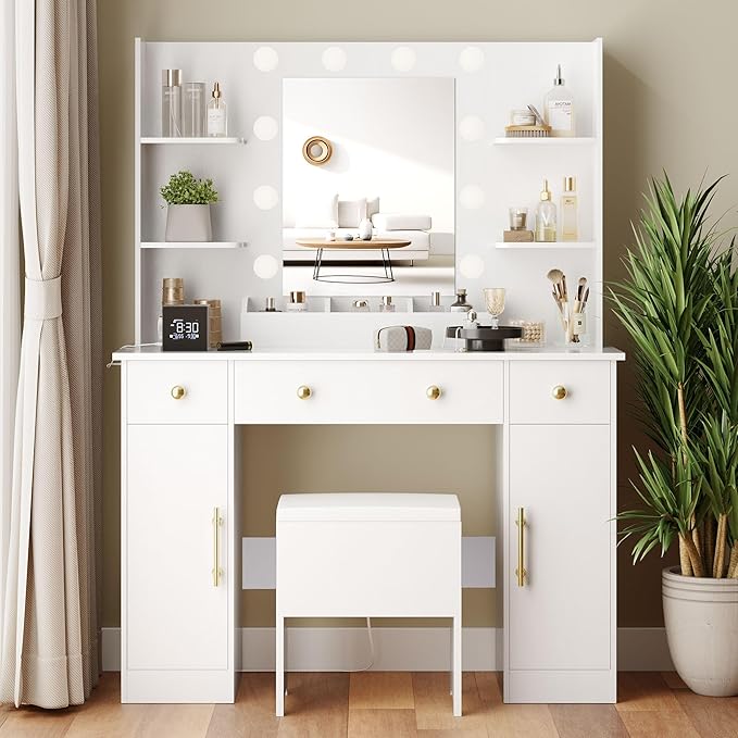 Makeup Vanity Desk with Mirror and Lights, 43" White Vanity Set with Chair, 3 Drawers, Power Outlet & Adjustable RGB LED Lights, Dressing Table with Storage Shelf for Women & Girls Bedroom