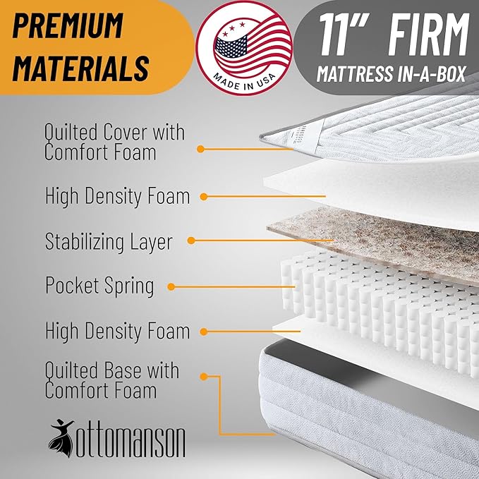 Ottomanson Full 11" Safari Firm Hybrid Mattress - Made in USA - Unyielding Support & Durability - Individually Pocketed Coils & CertiPUR-US Foam - Fiberglass-Free - Bed in a Box