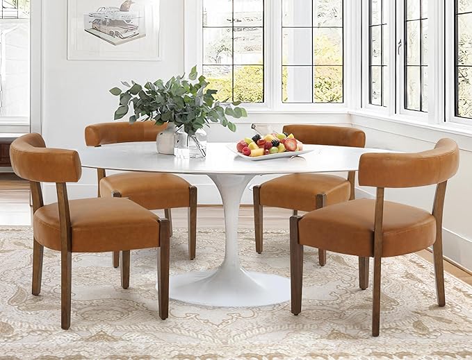 Faux Leather Dining Chairs Set of 4 Upholstered Kitchen & Dining Room Wooden Chairs Mid Century Modern Dining Chairs Low Back, Brown