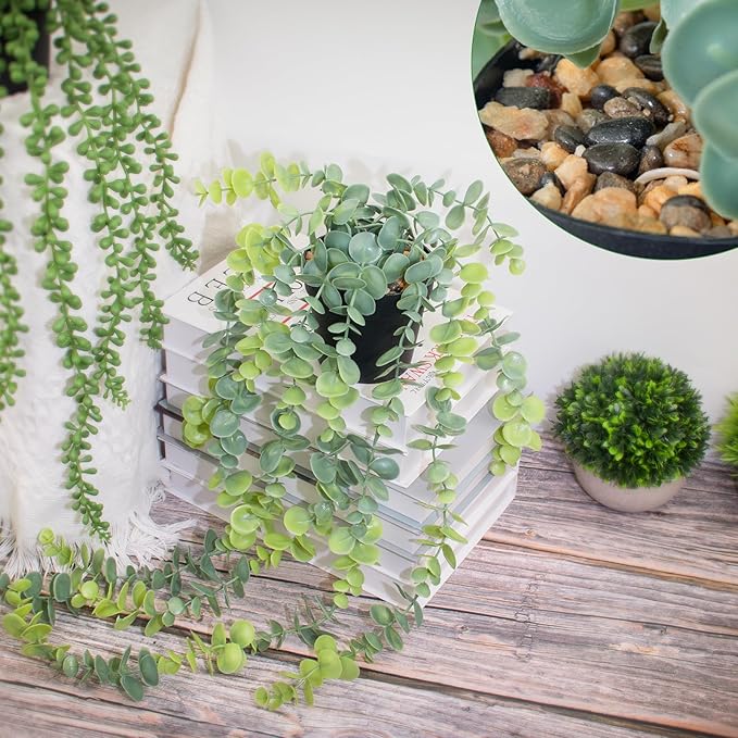 LOYWREE Fake Hanging Eucalyptus Plants Small Potted Long Vine Plants Indoor for Vintage Boho Farmhouse Bathroom Office Desk Wall Shelf Room Aesthetic Decor (Black Pot)
