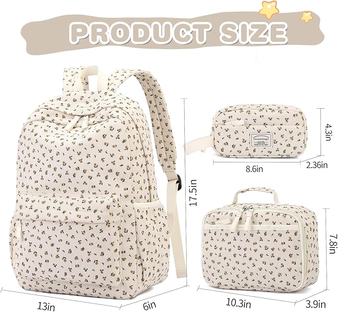 Backpack for Girls Boy Teen Corduroy Bookbags Elementary Middle High School Women Laptop Bag with Lunch Box Pencil Bag (Flower Beige)