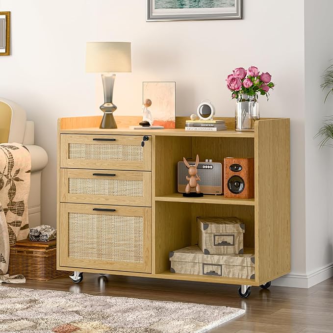 Rattan File Cabinets, 3 Drawer Lateral Filing Organization Storage Cabinets with Lock, Rolling Printer Stand Home Office Organizer for Hanging Files Letter/Legal/A4 Size, Oak