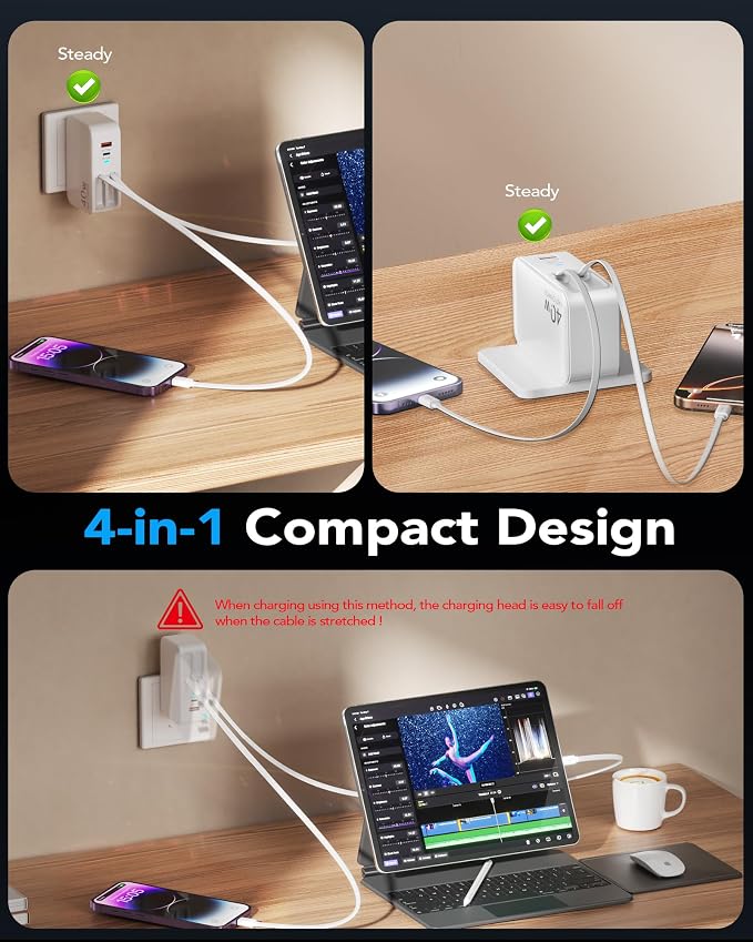4-in-1 Retractable USB C Wall Charger40W Fast Charging for Multi-Device | Retractable ChargerFoldable PlugExtra USBC &amp A PortsDual 35.5in CablesMultiple Devices Charger for iPhone/Galaxy/Pixe