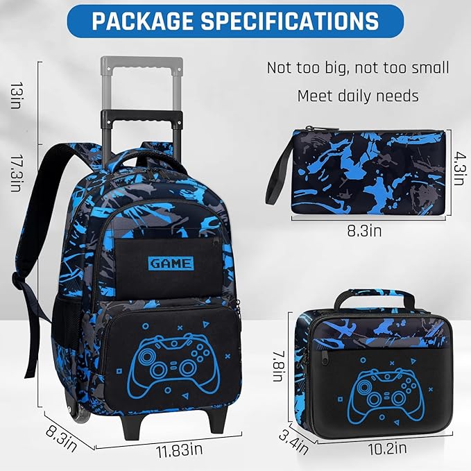 Gamer Rolling Backpack for Boys - 3PCS Boys Rolling Backpack with Lunch Box Set for Kids Children Teens Elementary Middle School,Glow in The Dark Roller Bookbag with Wheels for Age 6-18