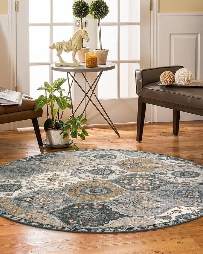 Lahome Moroccan Trellis Washable Round Rugs, Non-Slip Soft Round Rug 4ft Ultra-Thin, Small Vintage Circle Carpet for Entryway Kitchen Bedroom Nursery Bathroom, Grey