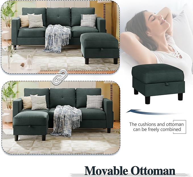 SUNLEI Convertible Sectional Couches for Living Room, L Shaped Couch with Movable Ottoman Storage, 3 Seat Small Couches for Living Room in Apartment, Linen Fabric, Dark Grey