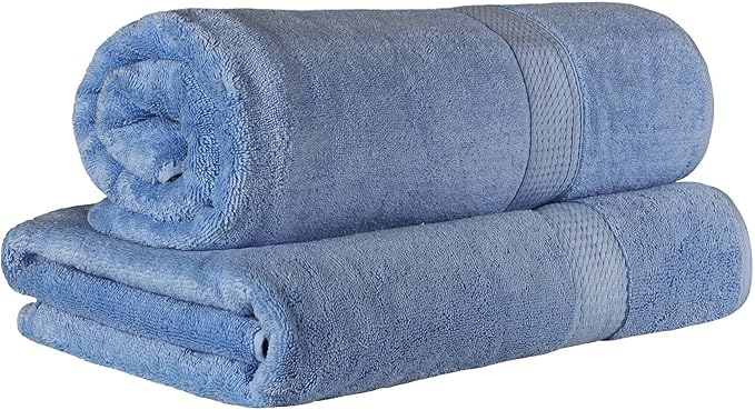 Superior Egyptian Cotton Pile Bath Sheet Set of 2, Ultra Soft Luxury Towels, Thick Plush Essentials, Absorbent Heavyweight, Guest Bath, Hotel, Spa, Home Bathroom, Shower Basics, Denim Blue