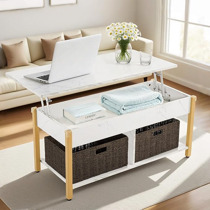 ivinta Lift Top Coffee Table with Storage, Modern Recangular Center Table with Wheels and 2 Rattan Folding Baskets, Rising Tabletop with Hidden Compartment for Living Room, 2177 (41.3", White)
