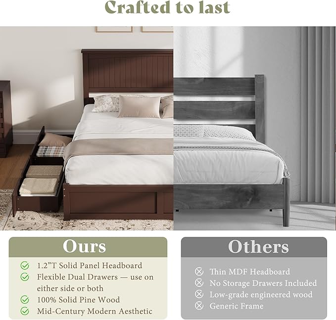 AMERLIFE Queen Size Solid Wood Bed Frame with 50" Tall Headboard, Mid-Century Modern Bed with Storage, Wooden Platform Bed Frame with 2 Drawers, No Box Spring Needed, Espresso