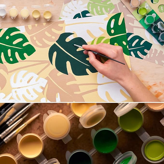 ARTEZA Paint by Numbers Kit, 12x16 Inches, 21 Pieces, Monstera Canvas Painting Kit, Canvas Panel, 12 Acrylic Paint Pots, 5 Paintbrushes, Art Supplies for a Meditative and Calming