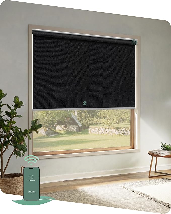 Yoolax Motorized Blinds App Control, Blackout Roller Shades for Windows, Cordless Automatic Shades Roller Window Blinds for Bedroom Living Room Office (Blackout Apex Black, 44" W x 72" H)